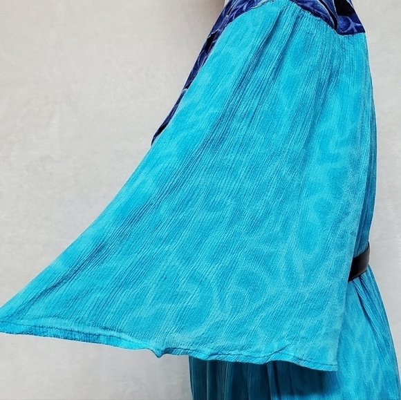 VINTAGE Aqua Blue Tropical Palm Leaf Flutter Sleeve Belted Pocket Dress Mumu - Picture 10 of 15